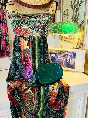 Strapless Boho Maxi Dress in Multi-Green Paisley festival print length 49” b 34”